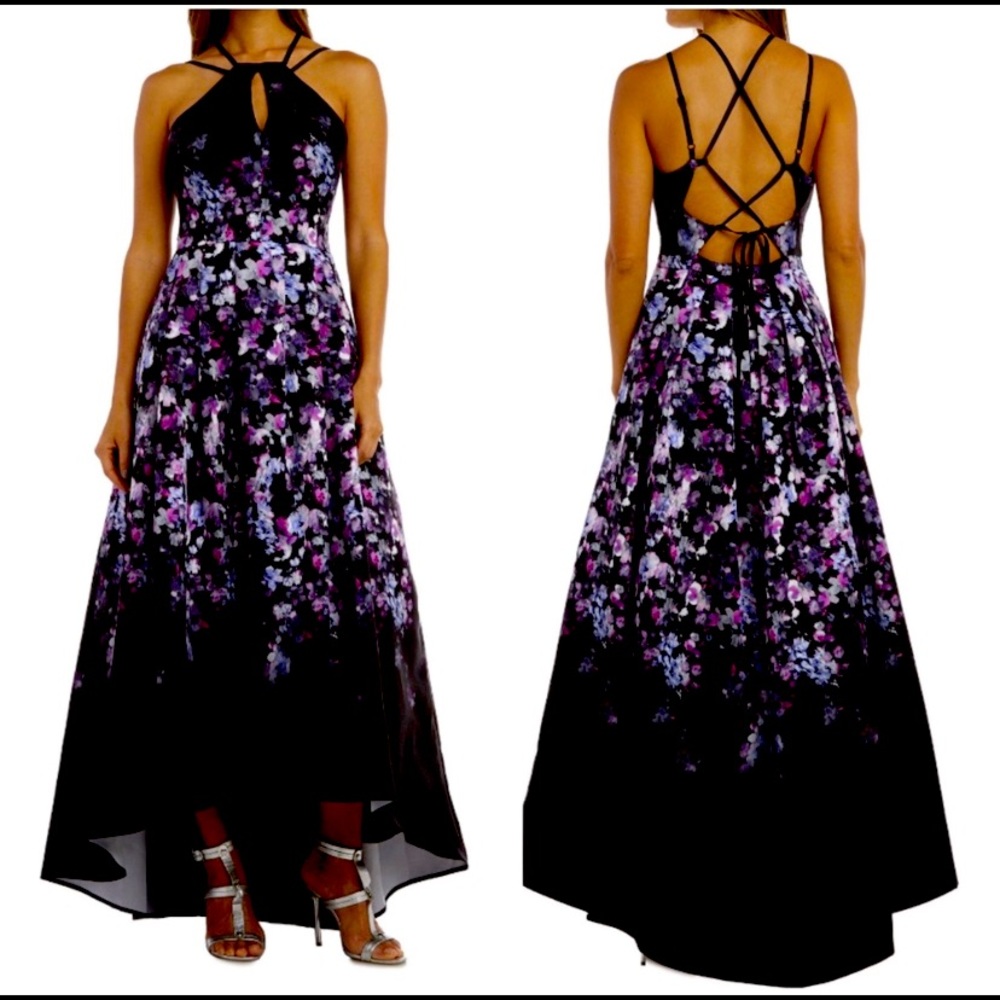 Black floral hi-low formal gown